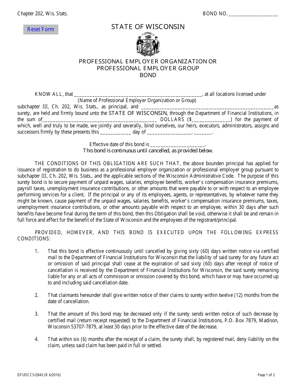 Form DFI/DCCS/2843 Professional Employer Organization or Professional Employer Group Surety Bond - Wisconsin, Page 1