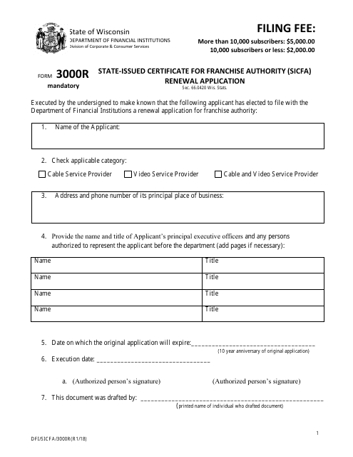 Form DFI/SICFA/3000R  Printable Pdf