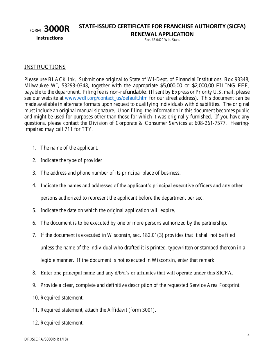 Form DFI / SICFA / 3000R State-Issued Certificate for Franchise Authority (Sicfa) Renewal Application - Wisconsin, Page 3