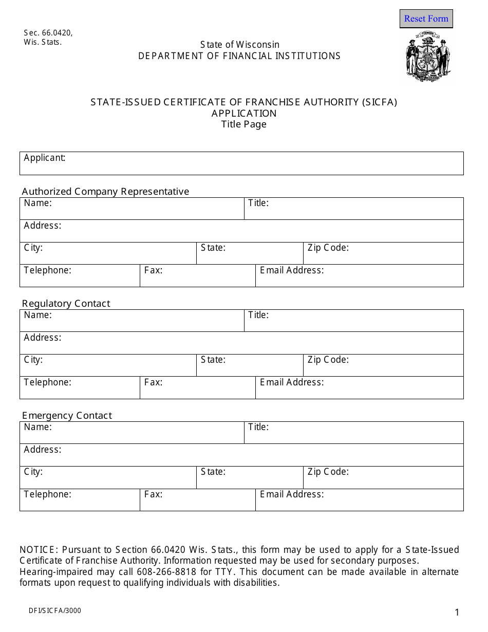 Form DFI / SICFA / 3000 State-Issued Certificate of Franchise Authority (Sicfa) Application - Wisconsin, Page 1