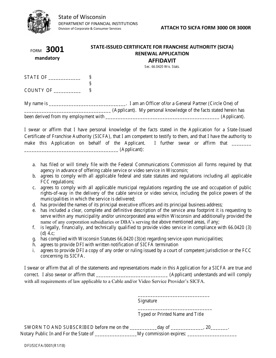 Form DFI / SICFA / 3001 State-Issued Certificate for Franchise Authority (Sicfa) Renewal Application Affidavit - Wisconsin, Page 1