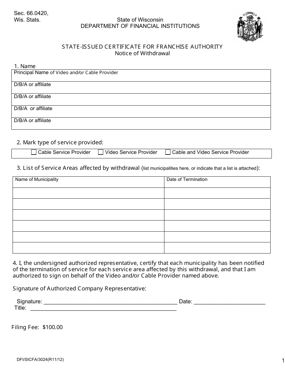 Form DFI / SICFA / 3024 State-Issued Certificate for Franchise Authority Notice of Withdrawal - Wisconsin, Page 1