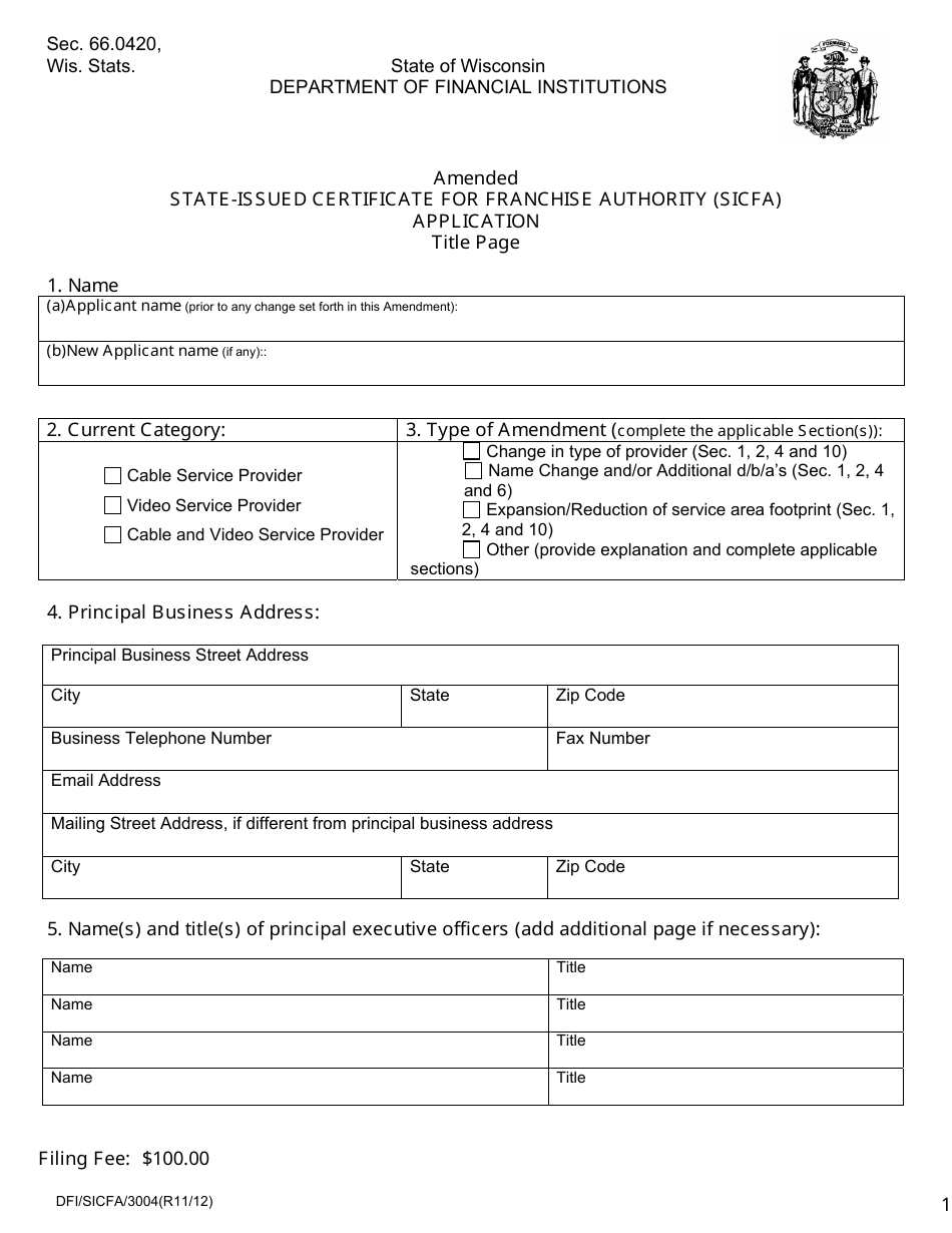 Form DFI / SICFA / 3004 Amended State-Issued Certificate for Franchise Authority (Sicfa) Application - Wisconsin, Page 1
