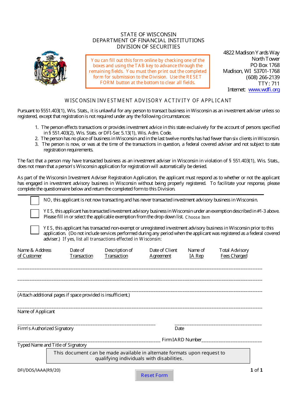 Form DFI / DOS / IAAA Wisconsin Investment Advisory Activity of Applicant - Wisconsin, Page 1