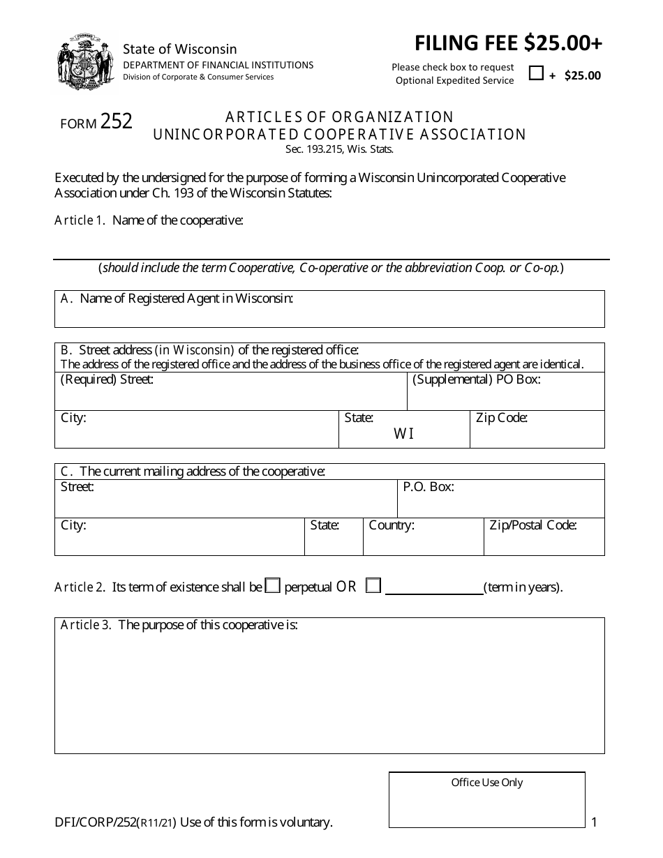 Form DFI / CORP / 252 Articles of Organization - Unincorporated Cooperative Association - Wisconsin, Page 1