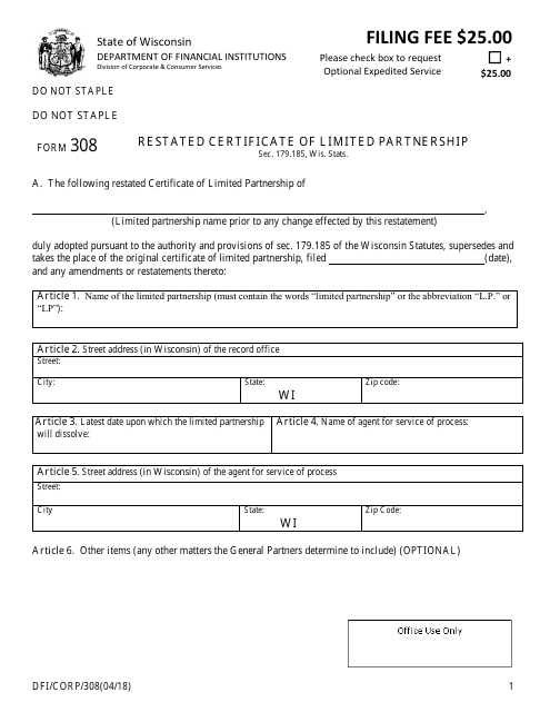 Form DFI/CORP/308 Restated Certificate of Limited Partnership - Wisconsin