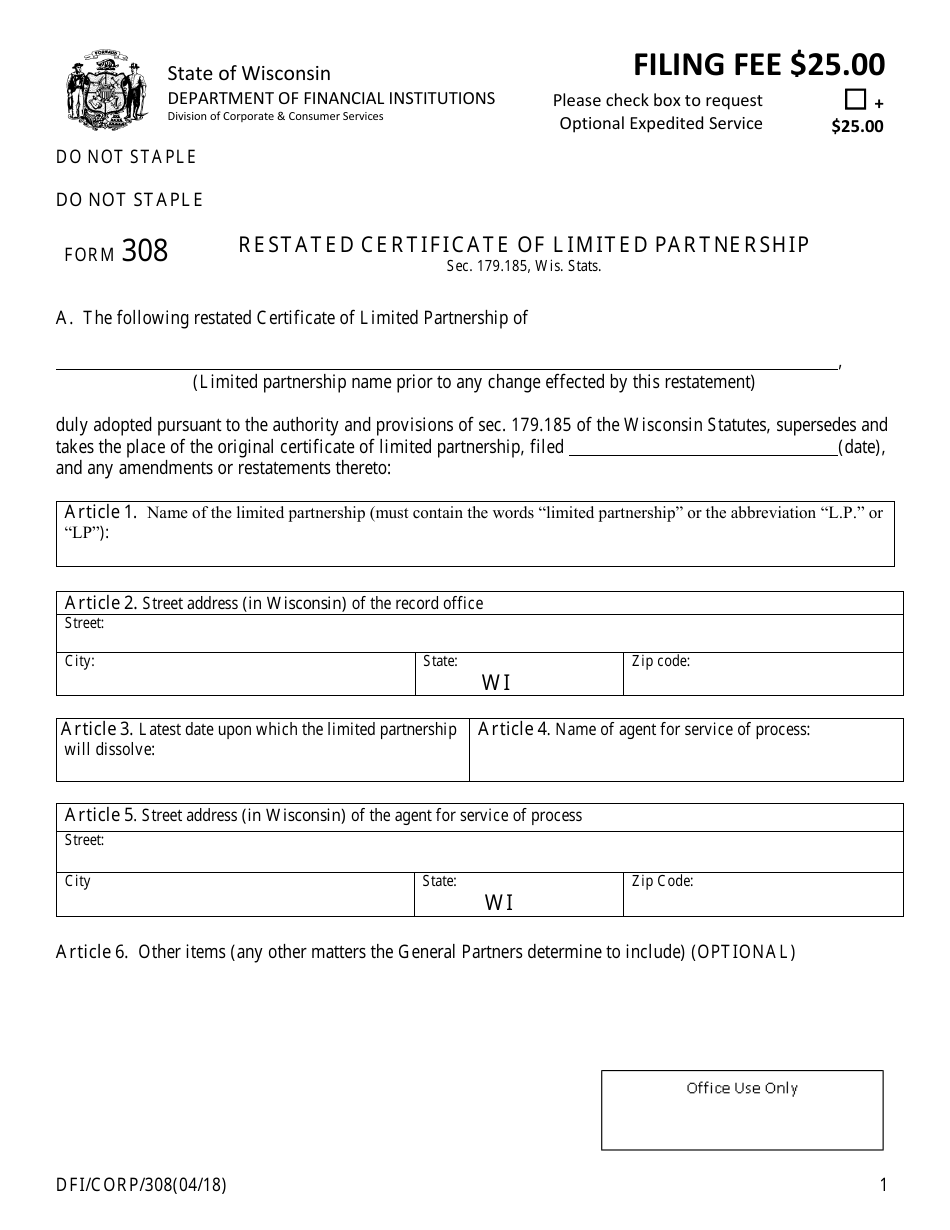 Form DFI / CORP / 308 Restated Certificate of Limited Partnership - Wisconsin, Page 1