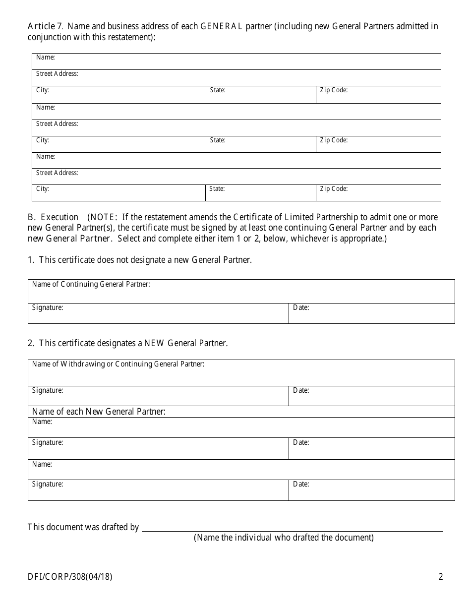 Form DFI / CORP / 308 Restated Certificate of Limited Partnership - Wisconsin, Page 2