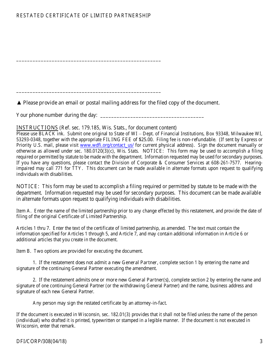 Form DFI / CORP / 308 Restated Certificate of Limited Partnership - Wisconsin, Page 3