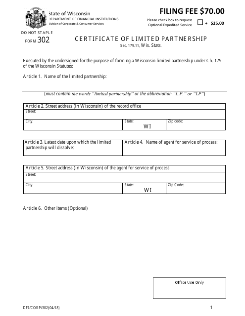 Form DFI/CORP/302 Certificate of Limited Partnership - Wisconsin
