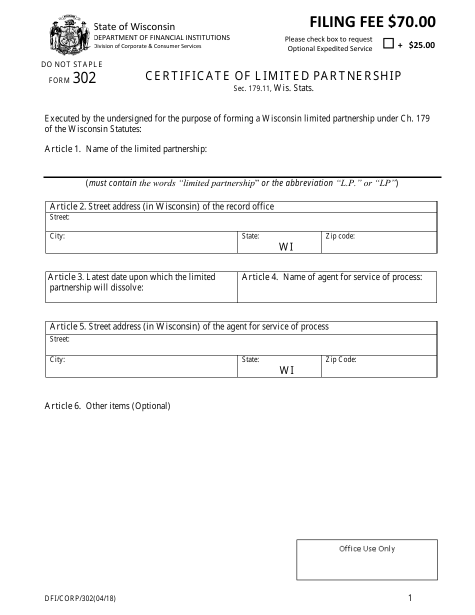 Form DFI / CORP / 302 Certificate of Limited Partnership - Wisconsin, Page 1