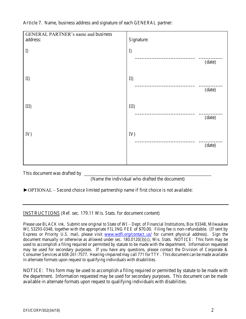 Form DFI / CORP / 302 Certificate of Limited Partnership - Wisconsin, Page 2