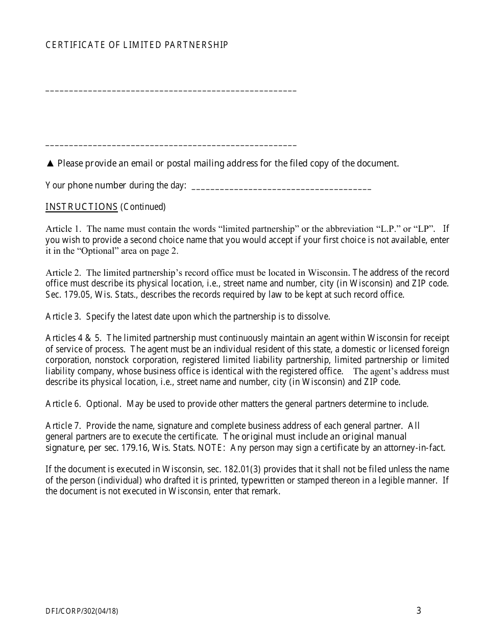 Form DFI / CORP / 302 Certificate of Limited Partnership - Wisconsin, Page 3