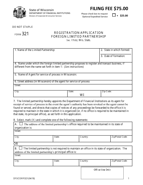 Form DFI/CORP/321 Registration Application - Foreign Limited Partnership - Wisconsin