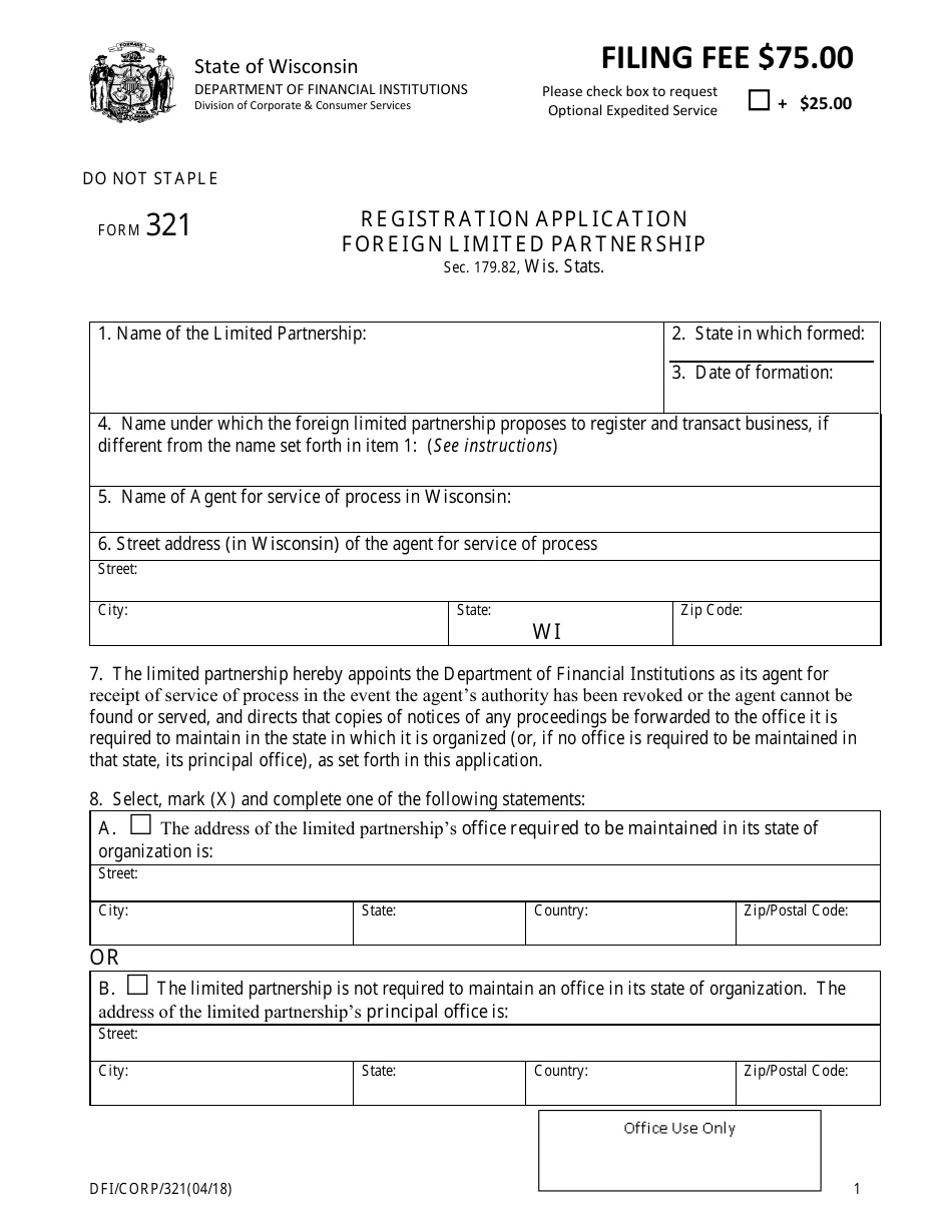 Form DFI / CORP / 321 Registration Application - Foreign Limited Partnership - Wisconsin, Page 1