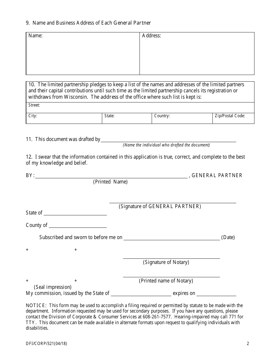 Form DFI / CORP / 321 Registration Application - Foreign Limited Partnership - Wisconsin, Page 2