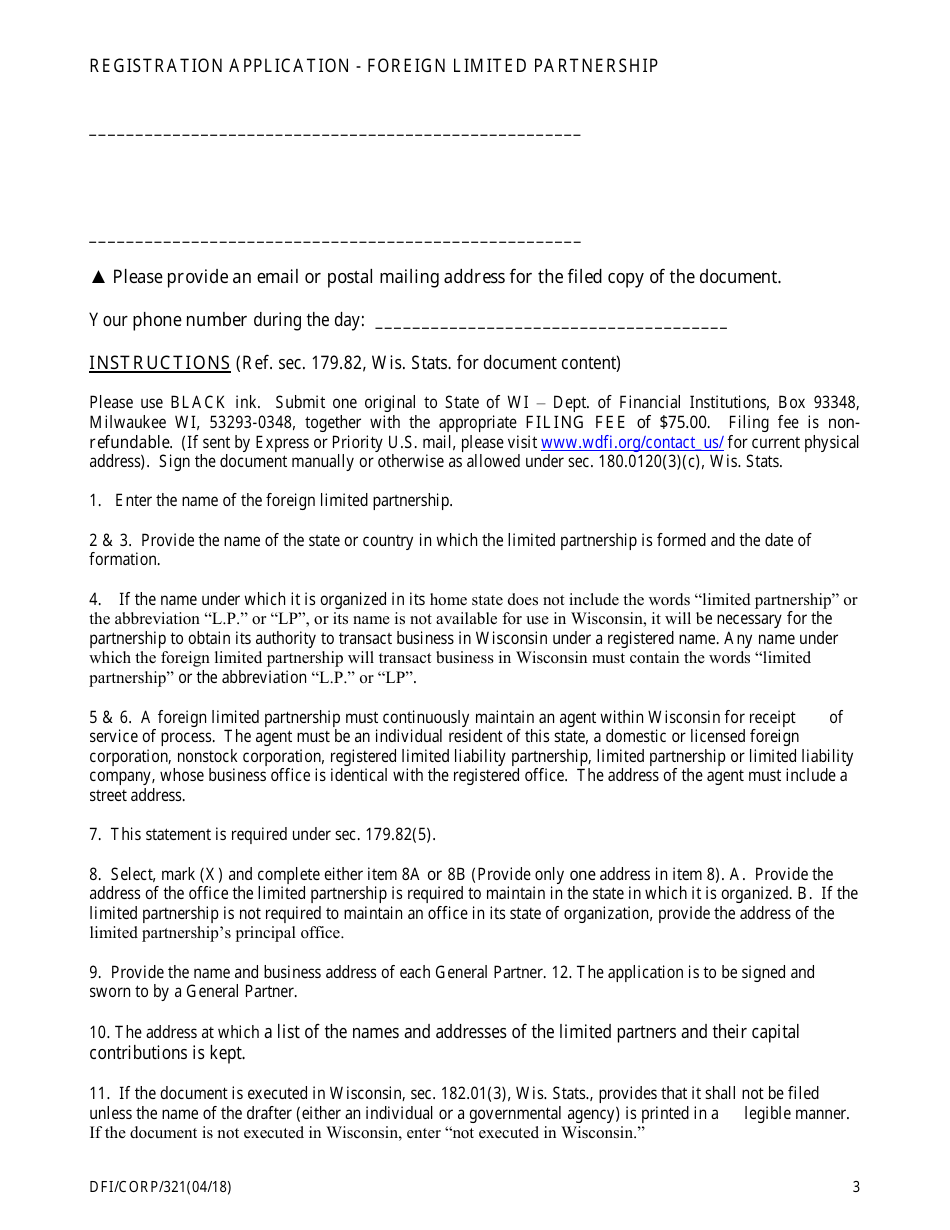 Form DFI / CORP / 321 Registration Application - Foreign Limited Partnership - Wisconsin, Page 3