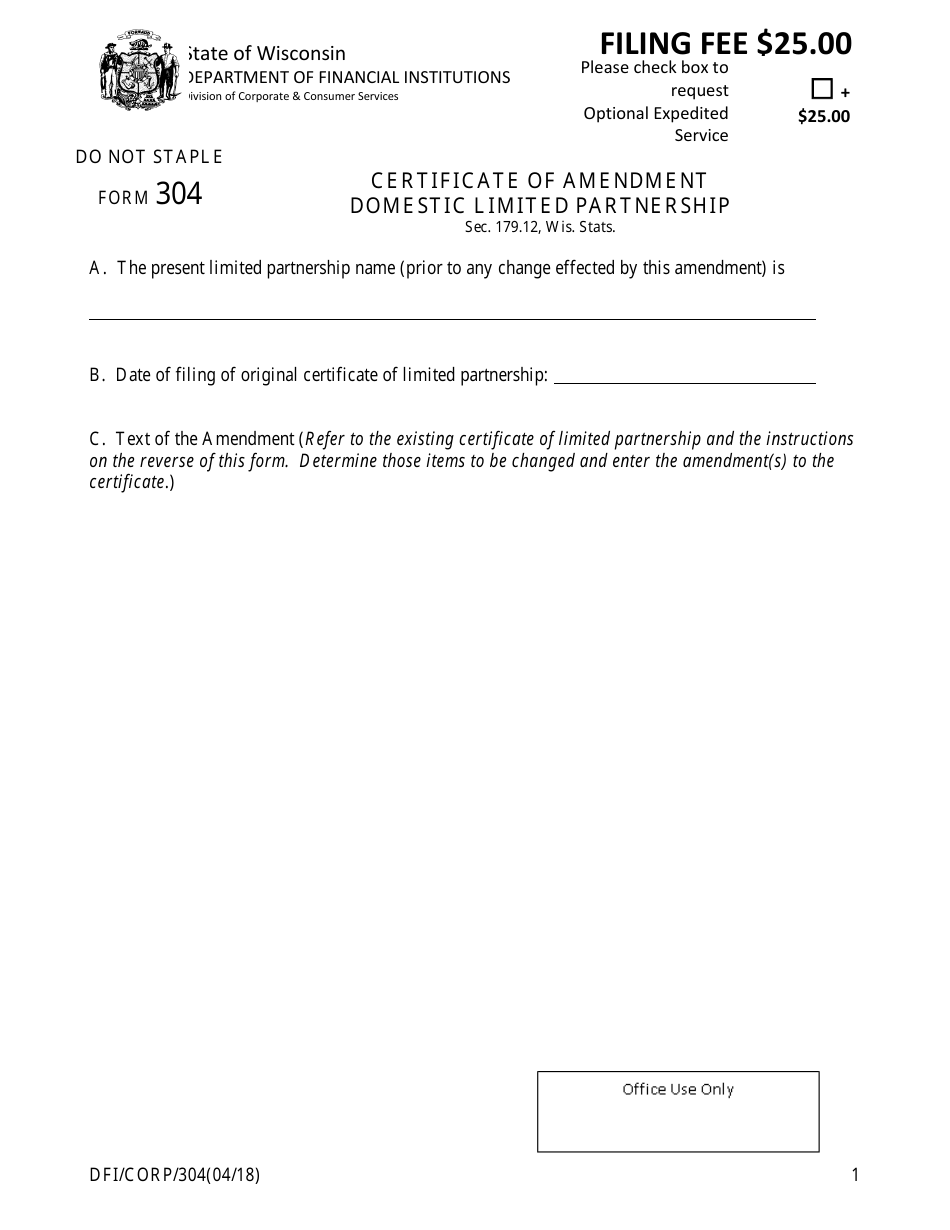 Form DFI / CORP / 304 Certificate of Amendment - Domestic Limited Partnership - Wisconsin, Page 1