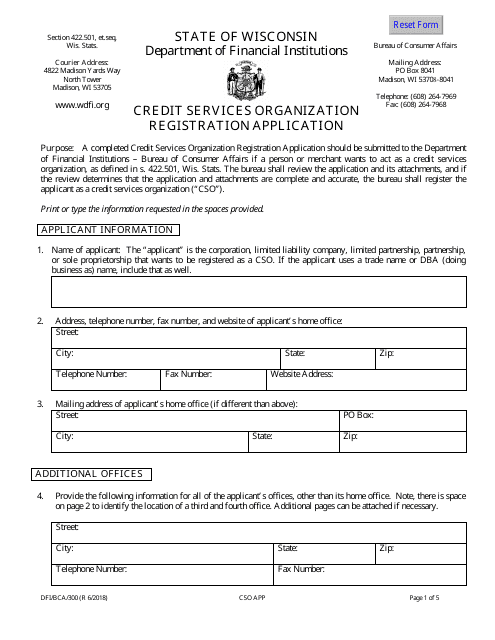 Form DFI/BCA/300 Credit Services Organization Registration Application - Wisconsin