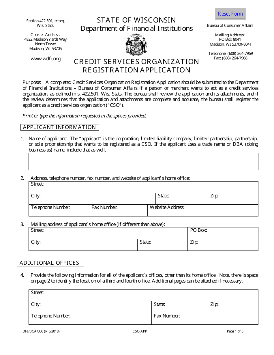 Form DFI / BCA / 300 Credit Services Organization Registration Application - Wisconsin, Page 1