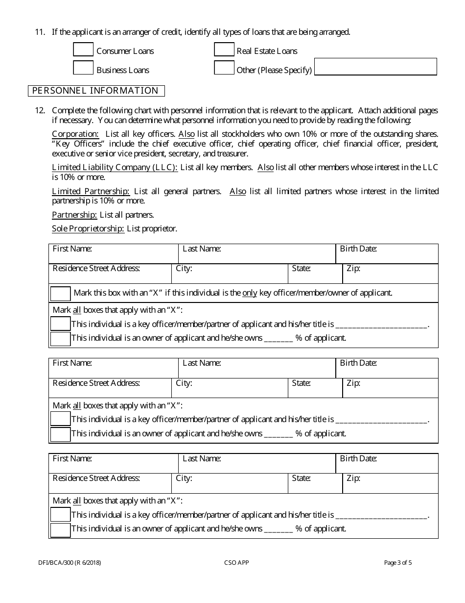 Form DFI / BCA / 300 Credit Services Organization Registration Application - Wisconsin, Page 3
