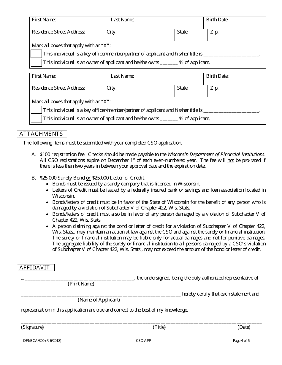 Form DFI / BCA / 300 Credit Services Organization Registration Application - Wisconsin, Page 4