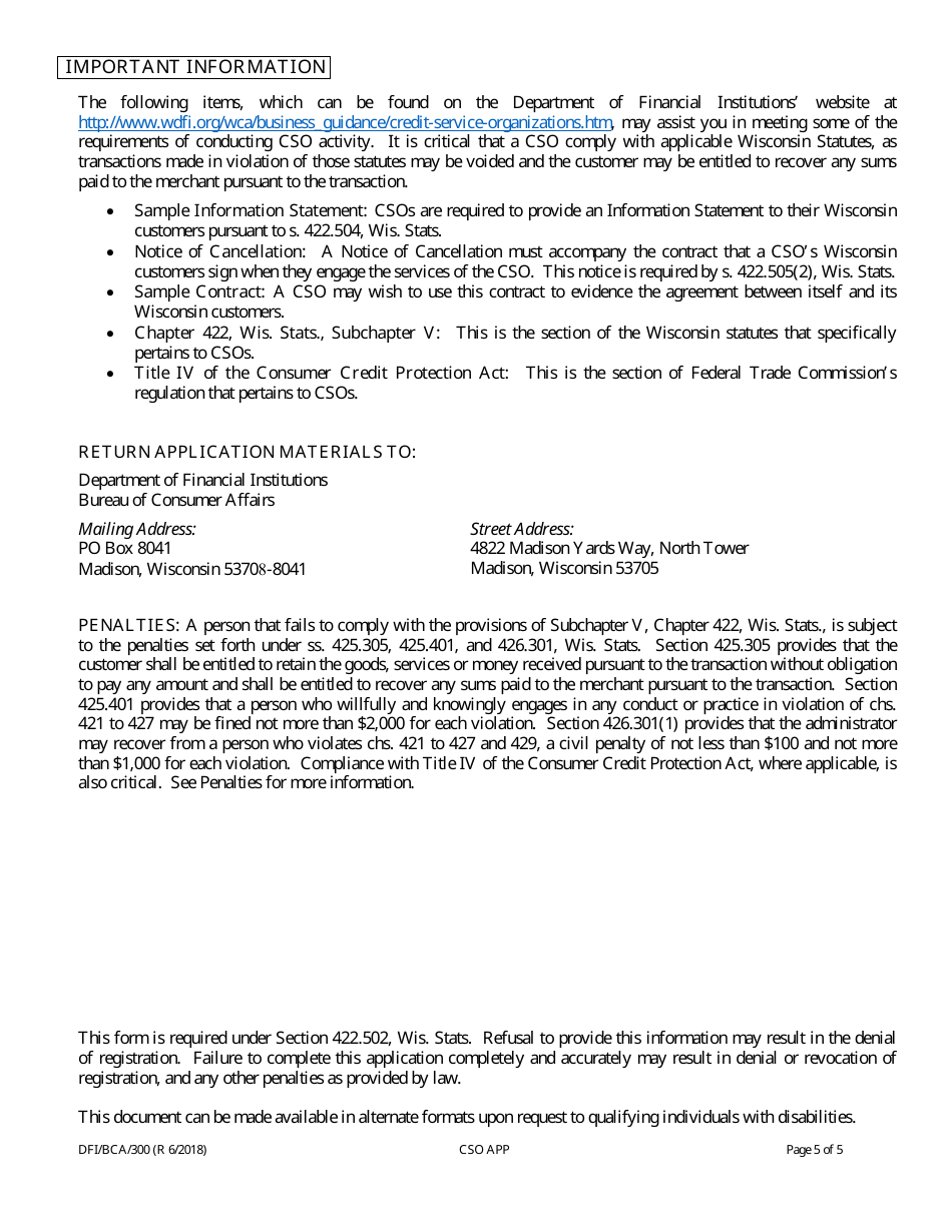 Form DFI / BCA / 300 Credit Services Organization Registration Application - Wisconsin, Page 5