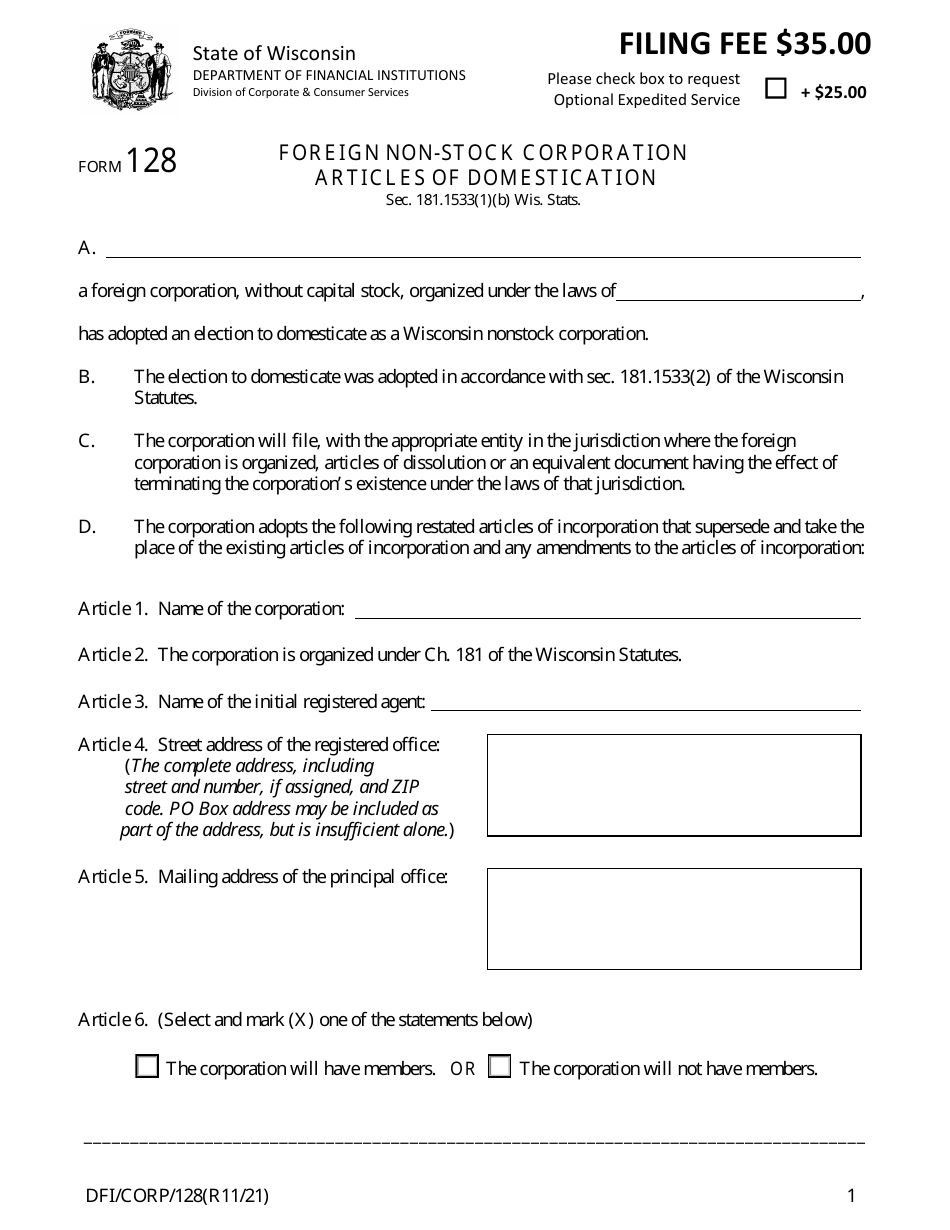 Form DFI / CORP / 128 Foreign Non-stock Corporation Articles of Domestication - Wisconsin, Page 1