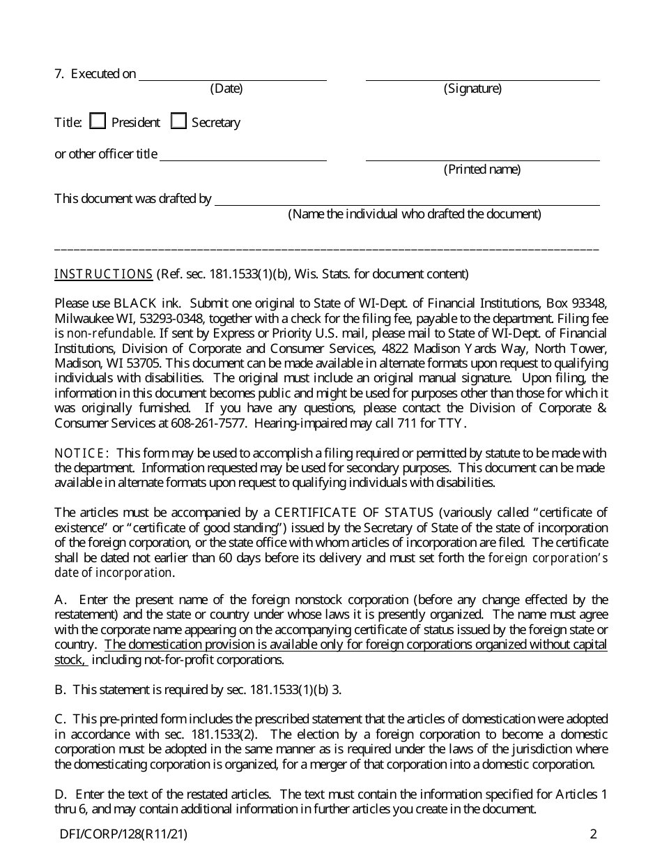 Form DFI / CORP / 128 Foreign Non-stock Corporation Articles of Domestication - Wisconsin, Page 2