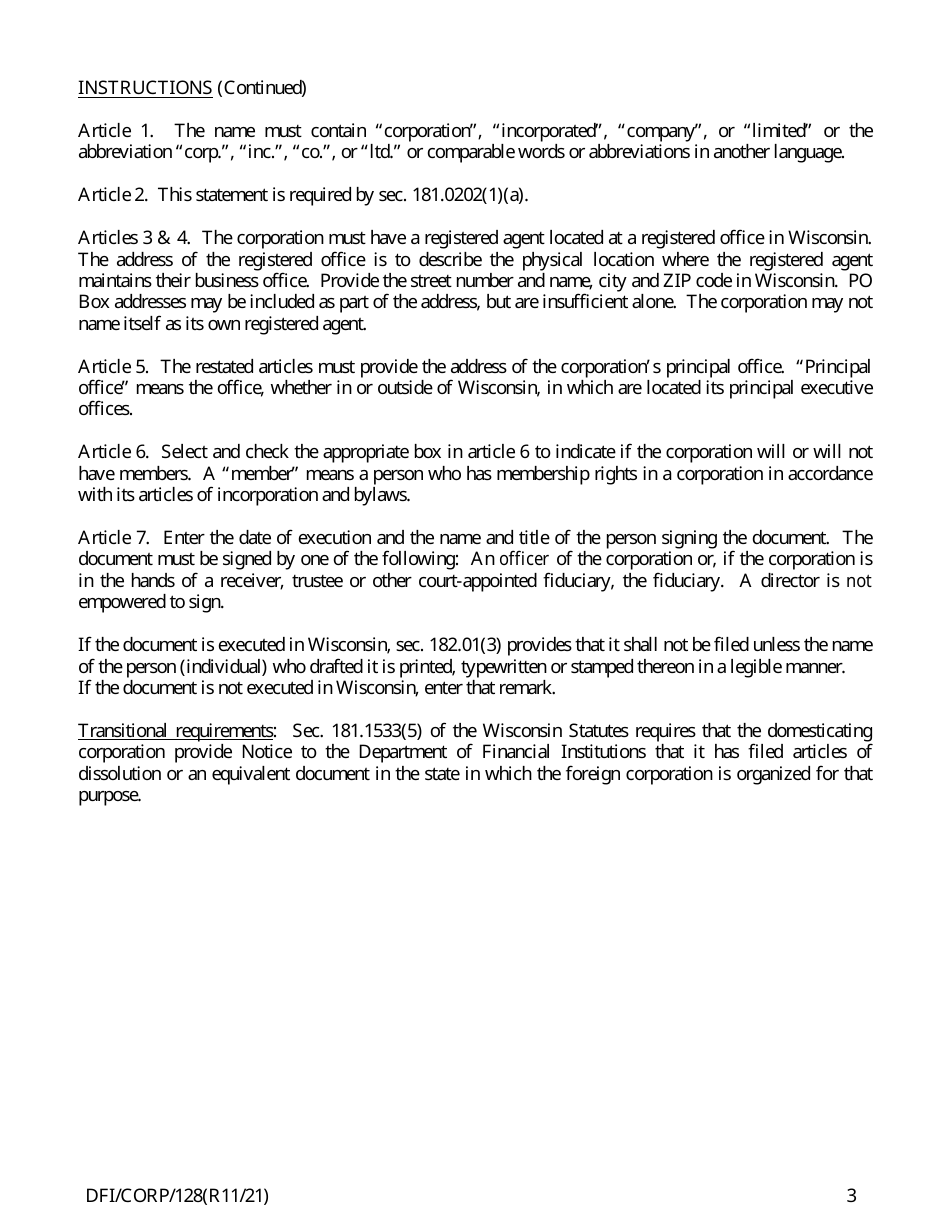 Form DFI / CORP / 128 Foreign Non-stock Corporation Articles of Domestication - Wisconsin, Page 3