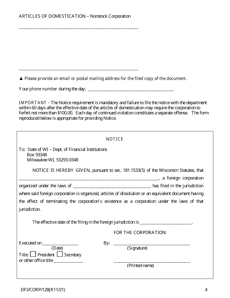 Form DFI / CORP / 128 Foreign Non-stock Corporation Articles of Domestication - Wisconsin, Page 4