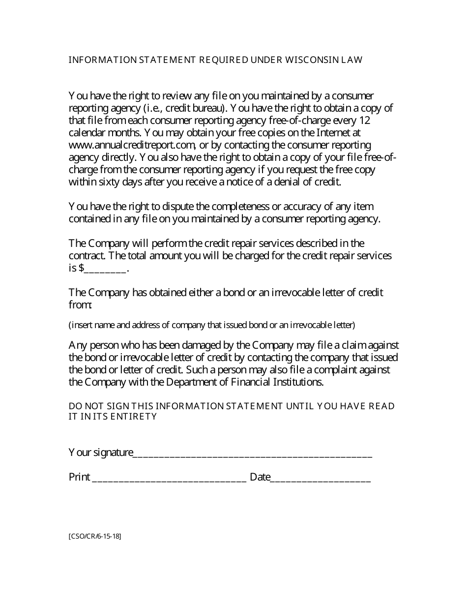 Wisconsin Information Statement Required Under Wisconsin Law Fill Out