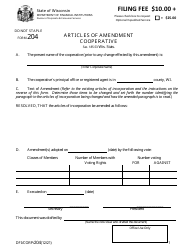 Form DFI/CORP/204 &quot;Articles of Amendment - Cooperative&quot; - Wisconsin