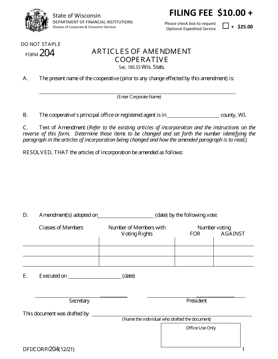 Form DFI / CORP / 204 Articles of Amendment - Cooperative - Wisconsin, Page 1