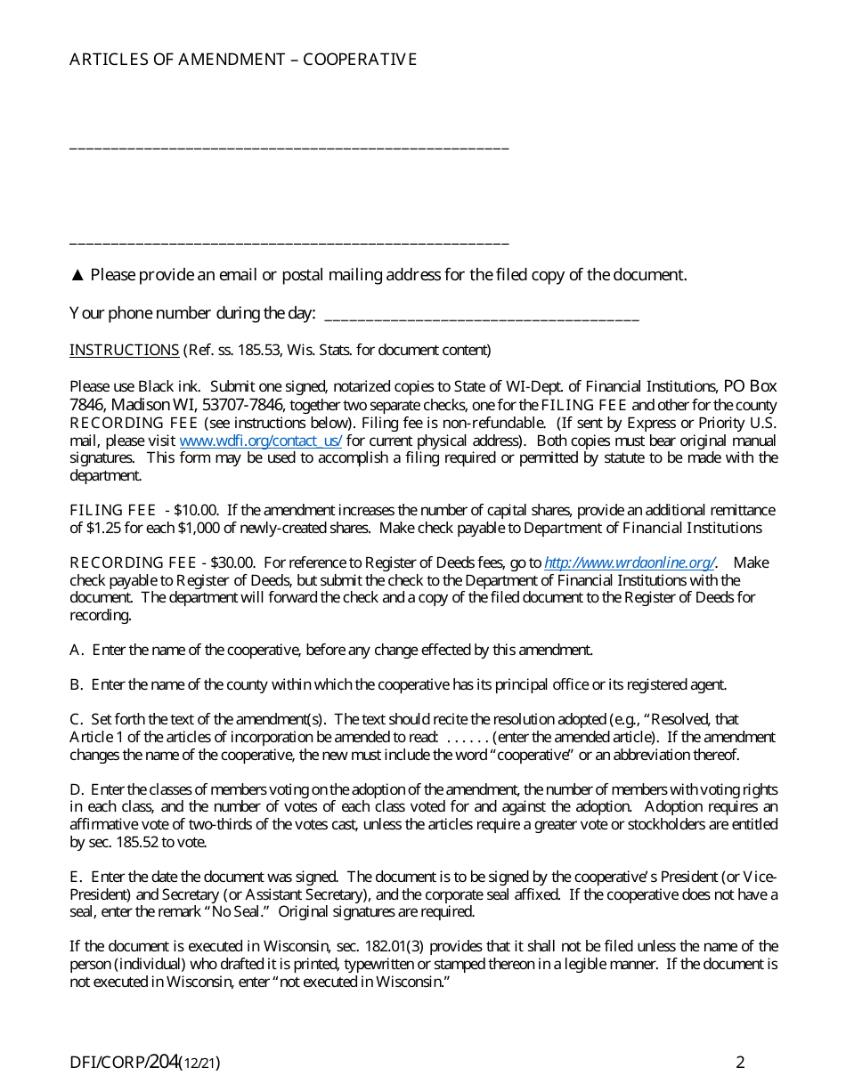 Form DFI / CORP / 204 Articles of Amendment - Cooperative - Wisconsin, Page 2