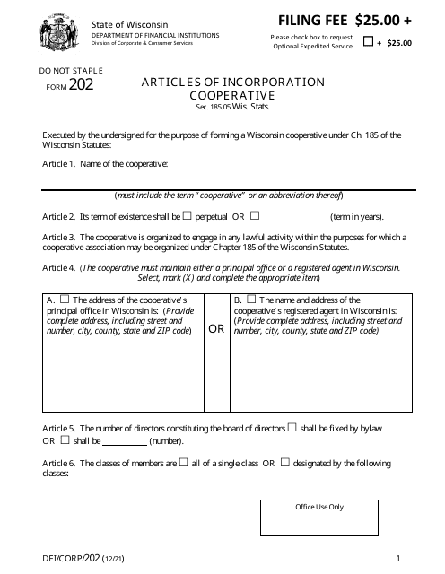Form DFI/CORP/202 Articles of Incorporation - Cooperative - Wisconsin