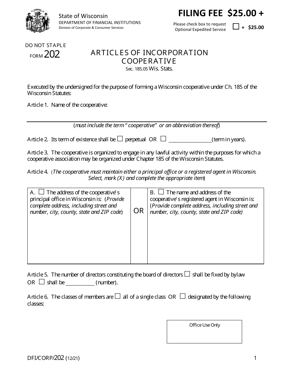 Form DFI / CORP / 202 Articles of Incorporation - Cooperative - Wisconsin, Page 1