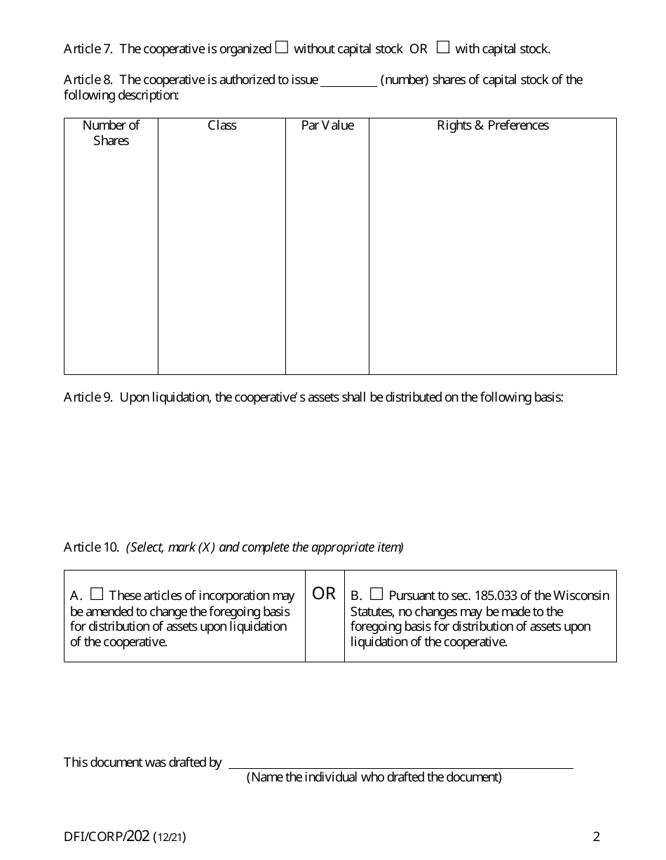 Form DFI / CORP / 202 Articles of Incorporation - Cooperative - Wisconsin, Page 2