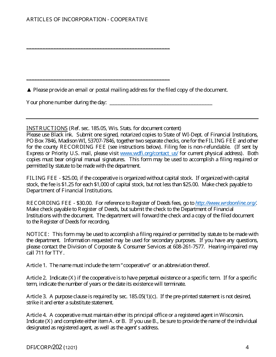 Form DFI / CORP / 202 Articles of Incorporation - Cooperative - Wisconsin, Page 4