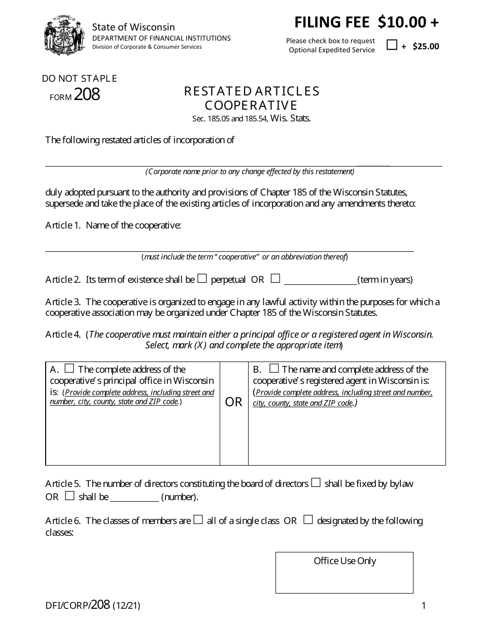 Form DFI / CORP / 208 Restated Articles of Incorporation - Cooperative - Wisconsin, Page 1