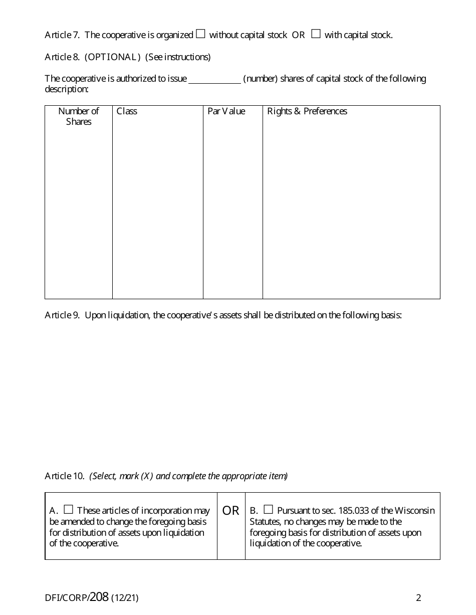 Form DFI / CORP / 208 Restated Articles of Incorporation - Cooperative - Wisconsin, Page 2