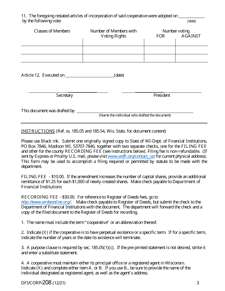 Form DFI / CORP / 208 Restated Articles of Incorporation - Cooperative - Wisconsin, Page 3