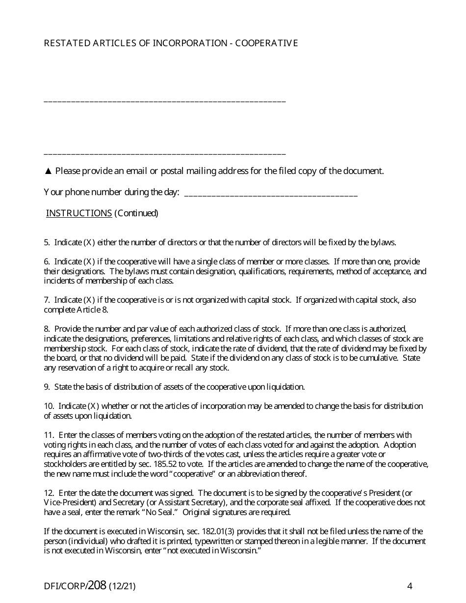 Form DFI / CORP / 208 Restated Articles of Incorporation - Cooperative - Wisconsin, Page 4