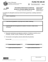 Form DFI/CORP/603 Amendatory Statements to Authority - General or Limited Liability Partnership - Wisconsin