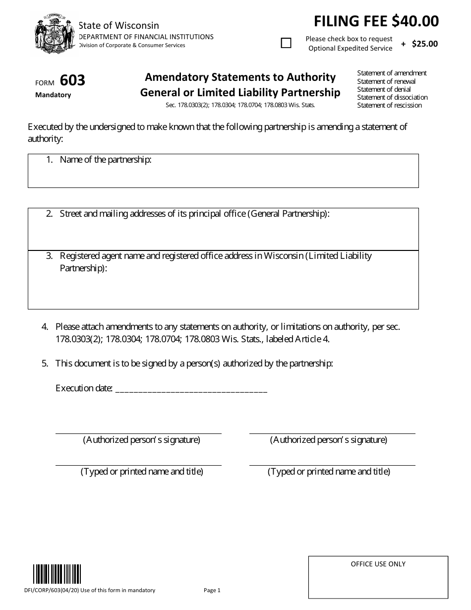Form DFI / CORP / 603 Amendatory Statements to Authority - General or Limited Liability Partnership - Wisconsin, Page 1