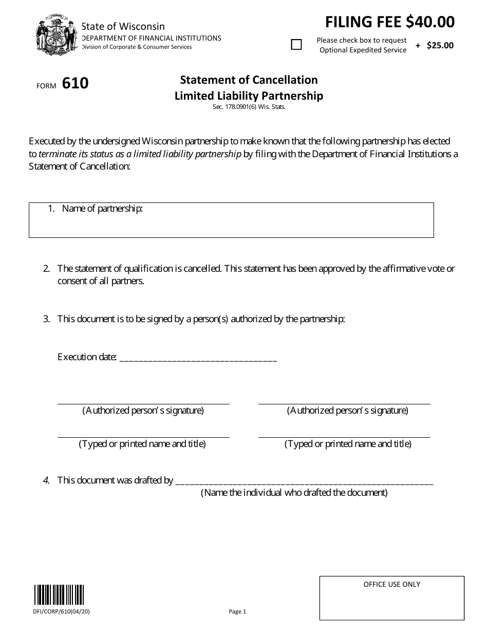 Form DFI / CORP / 610 Statement of Cancellation - Limited Liability Partnership - Wisconsin, Page 1