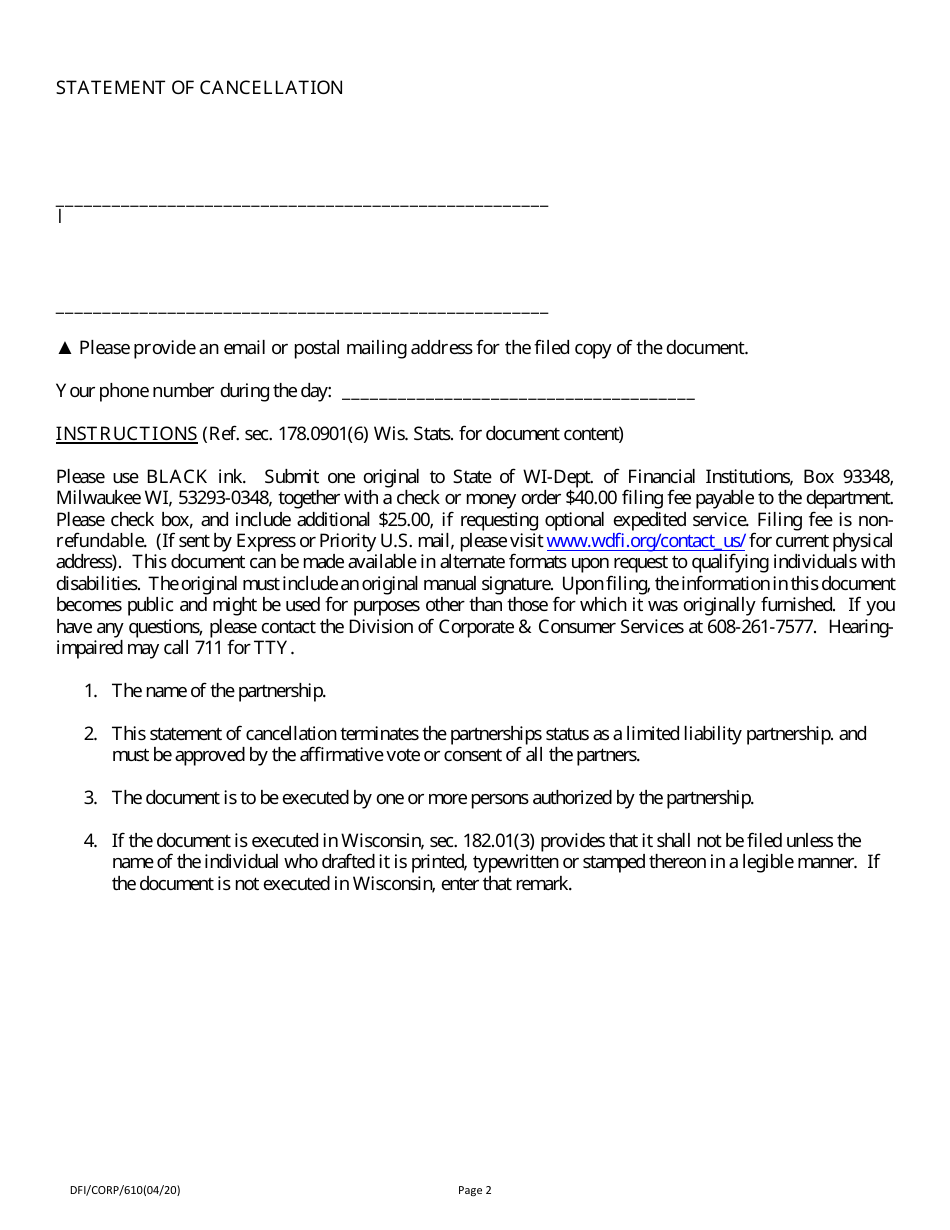 Form DFI / CORP / 610 Statement of Cancellation - Limited Liability Partnership - Wisconsin, Page 2
