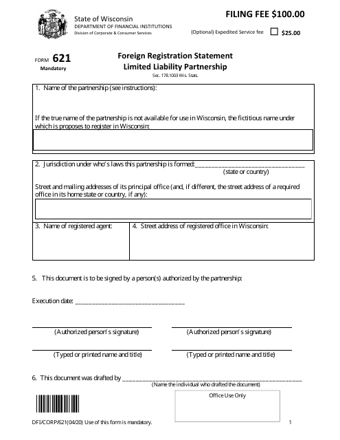 Form DFI/CORP/621 Foreign Limited Liability Partnership Registration Statement - Wisconsin