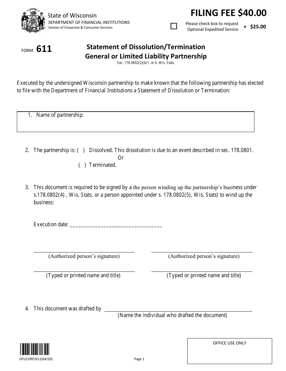 Form DFI / CORP / 611 Statement of Dissolution / Termination General or Limited Liability Partnership - Wisconsin, Page 1
