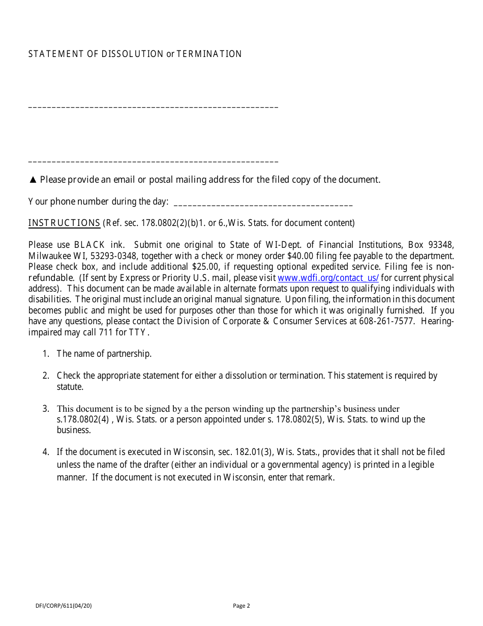 Form DFI / CORP / 611 Statement of Dissolution / Termination General or Limited Liability Partnership - Wisconsin, Page 2